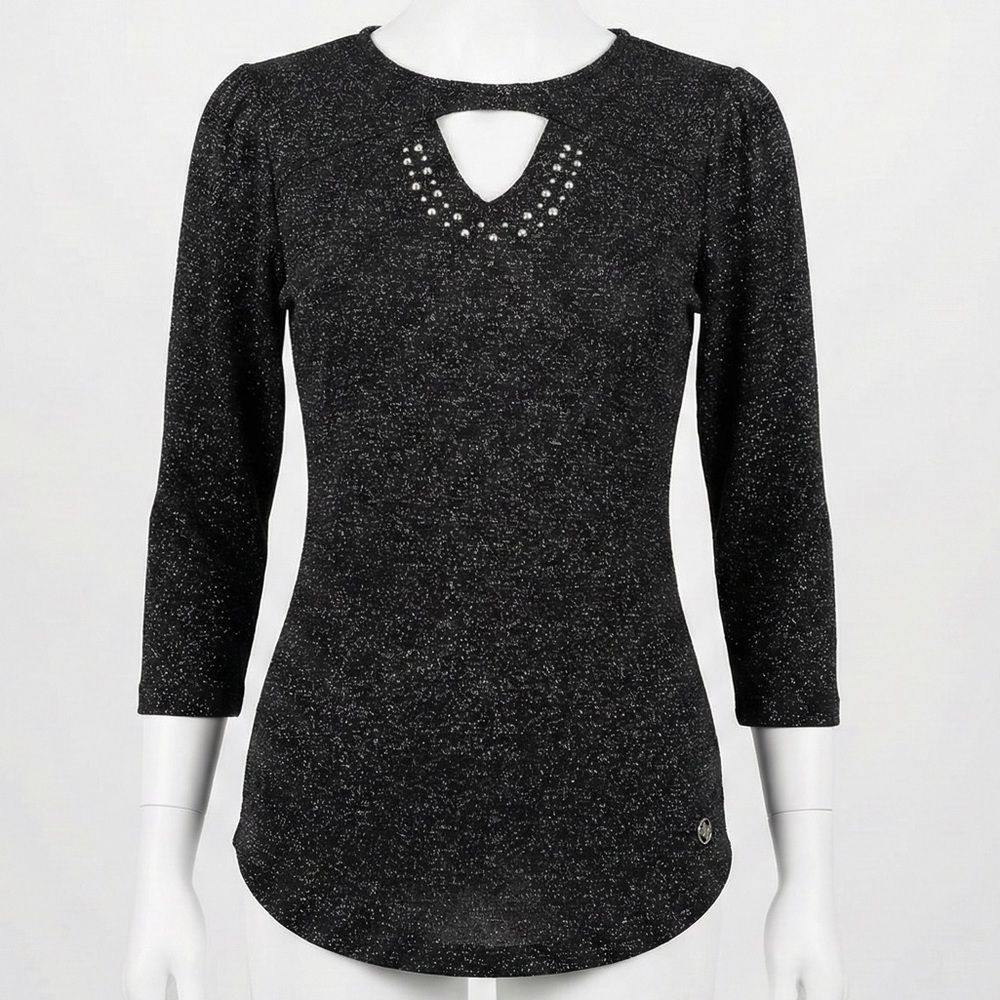 Adrienne Vittadini Black Sparkle Keyhole Rhinestone Sweater Top Blouse Small S